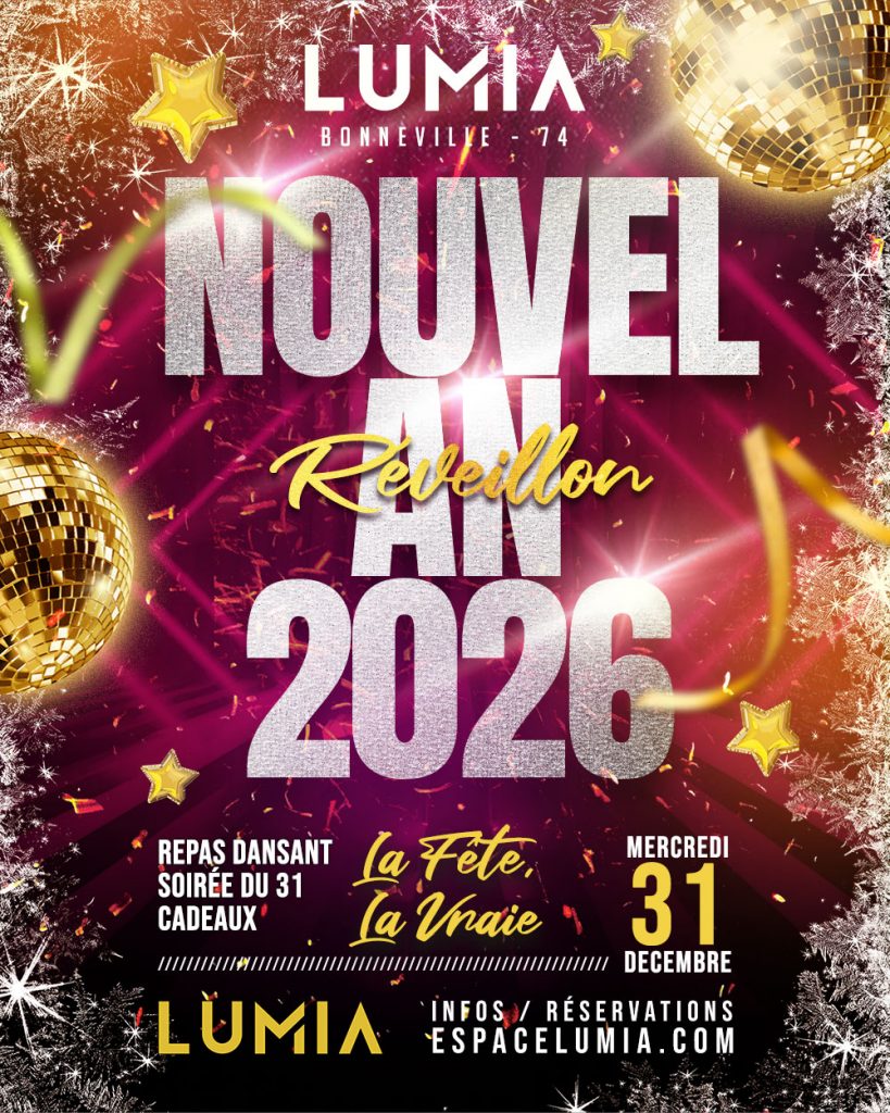 Affiche colorée du Réveillon du Nouvel An 2026 à Bonneville au Lumia Club